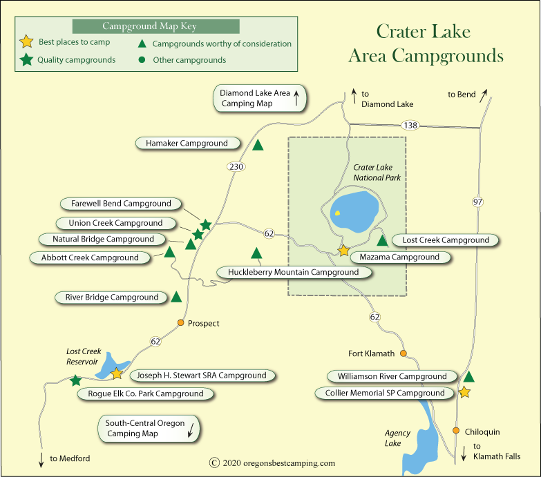 map of campgrounds around Crater Lake, Oregon