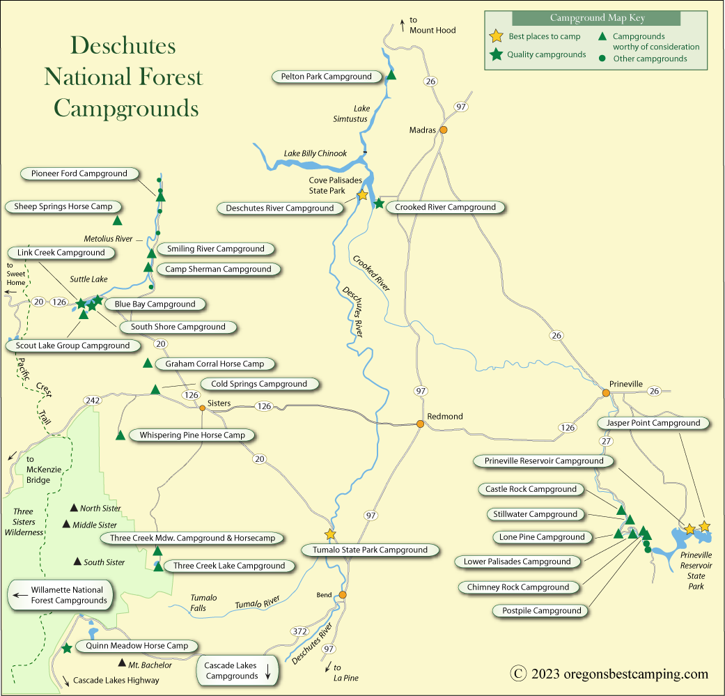 map of campgrounds in the Deschutes National Forest, Oregon