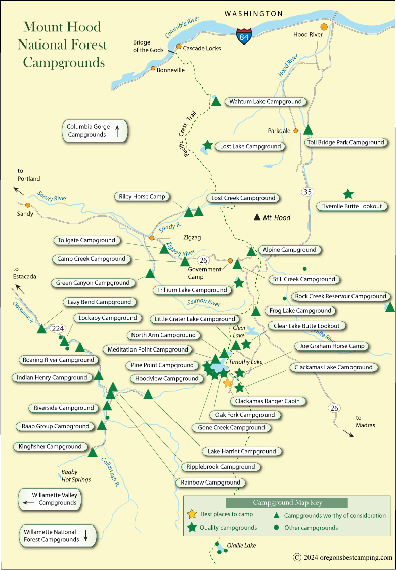 map of campgrounds along the Columbia River Gorge, Oregon