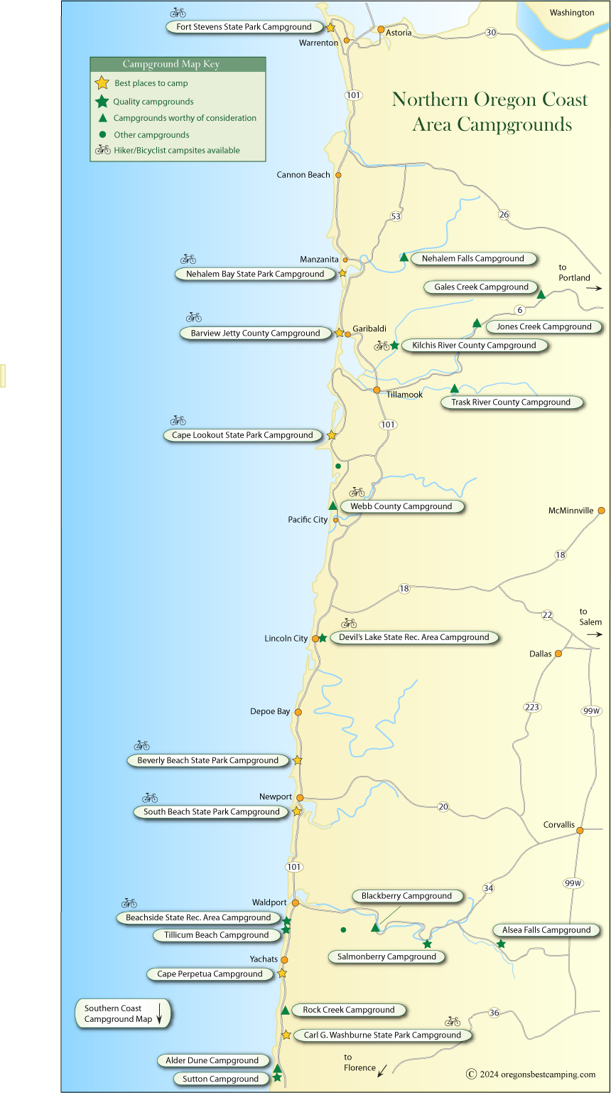 map of campgrounds along the northern half of the Oregon coast