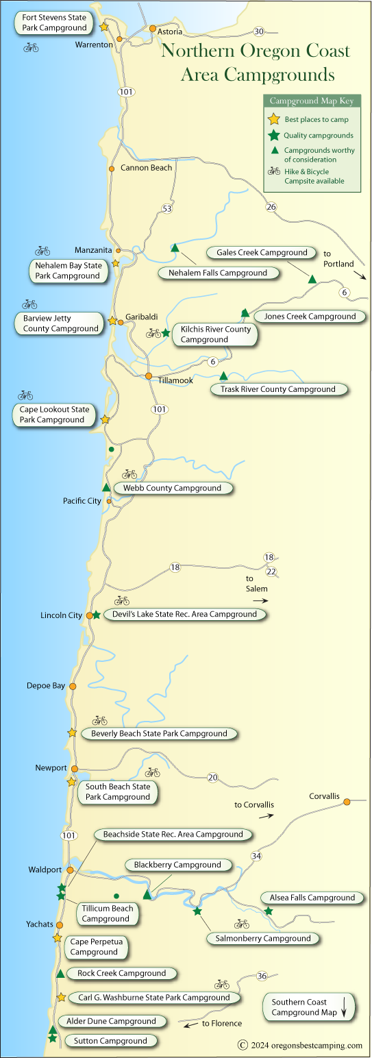 map of campgrounds along the northern half of the Oregon coast