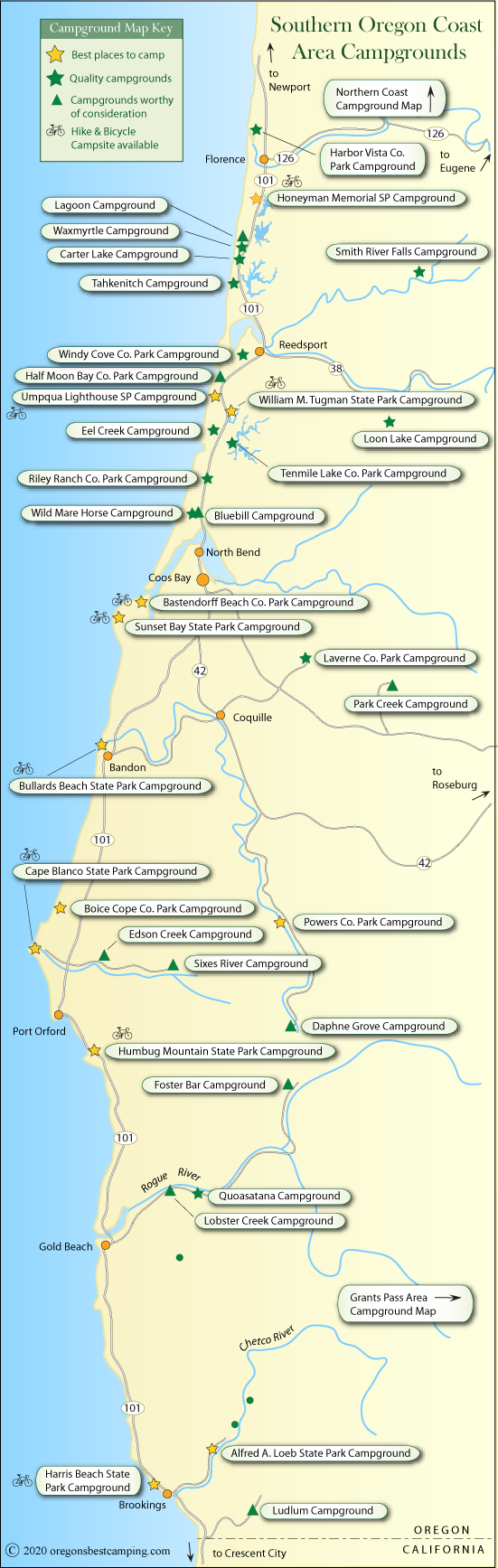 map of campgrounds along the southern half of the Oregon coast