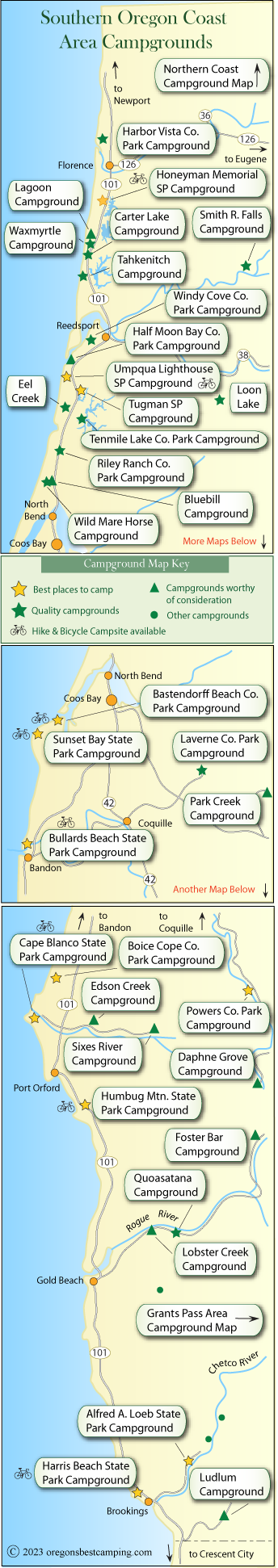 map of campgrounds along the southern half of the Oregon coast