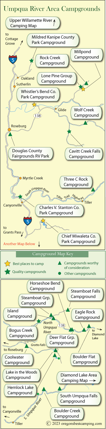 map of campgrounds around the Umpqua River, Oregon