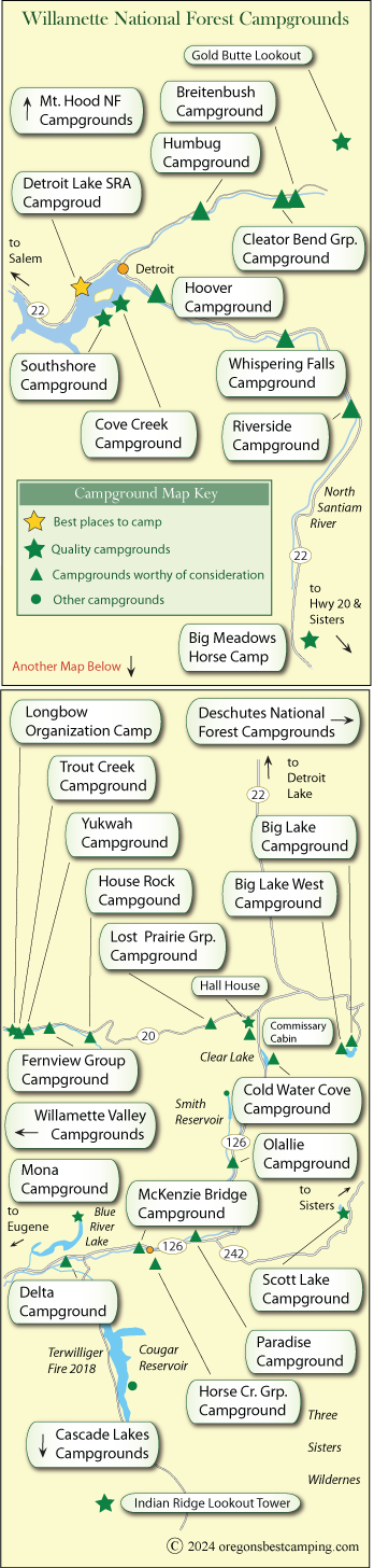 map of campgrounds in the Willamette National Forest, Oregon