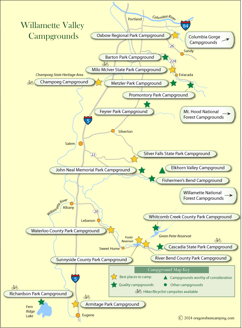 map of campgrounds along the northern half of the Oregon coast